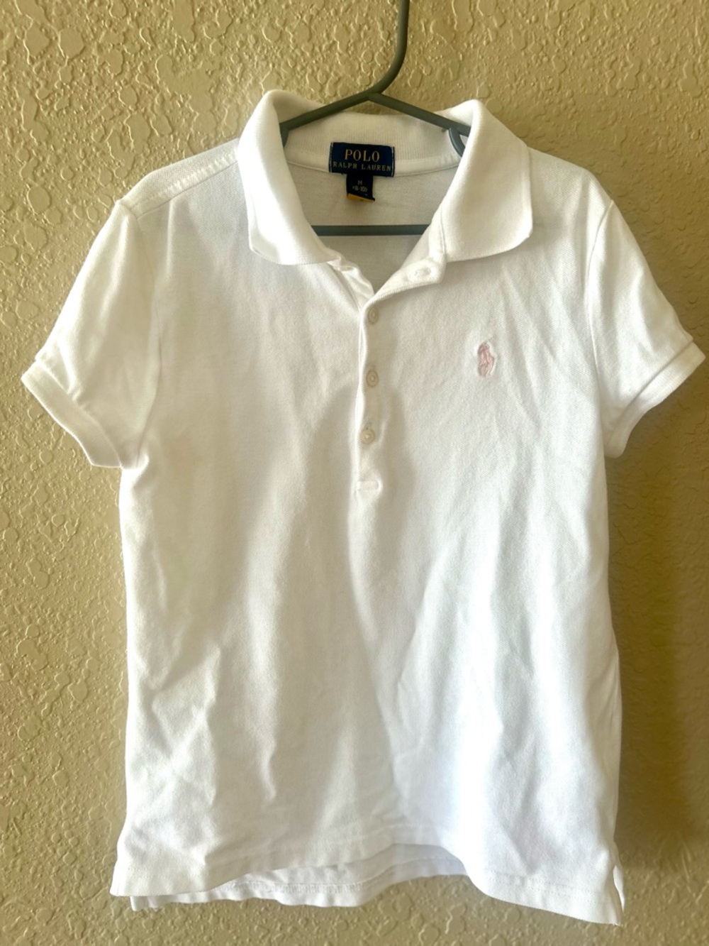 Polo by Ralph Lauren White Girls Stretch Mesh Polo Shirt with Pink Logo (M 8-10)